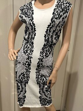 BCBGMaxAzria Classic White Dress with Black Embroidered Panels